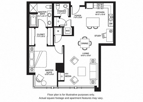 Floor plan for 1 bed, 1.5 baths, 1046 sqft